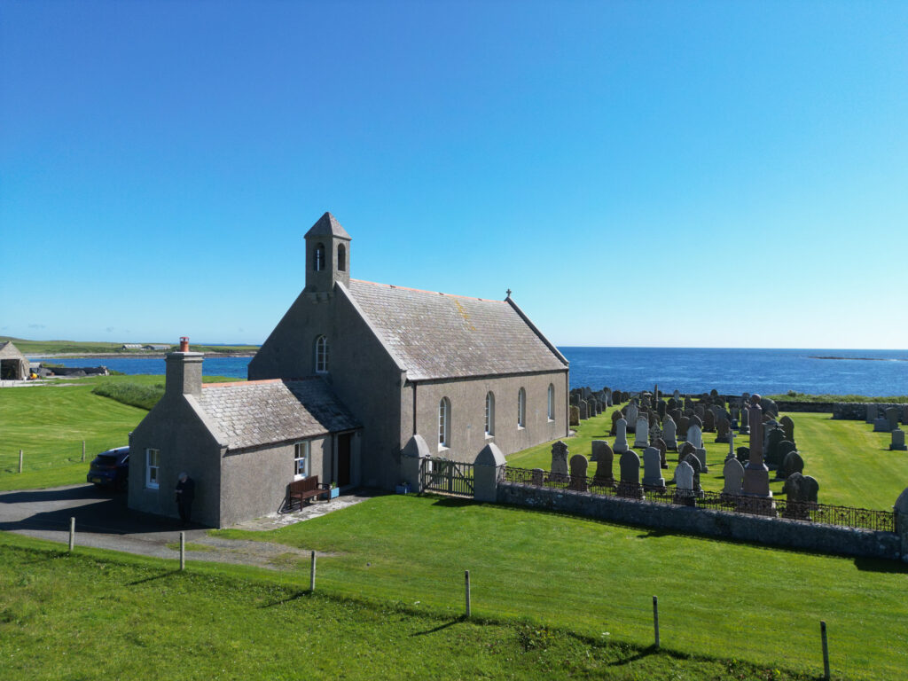 Aerial view of St Ninian's kirk looking east