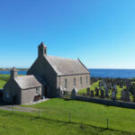 Aerial view of St Ninian's kirk looking east